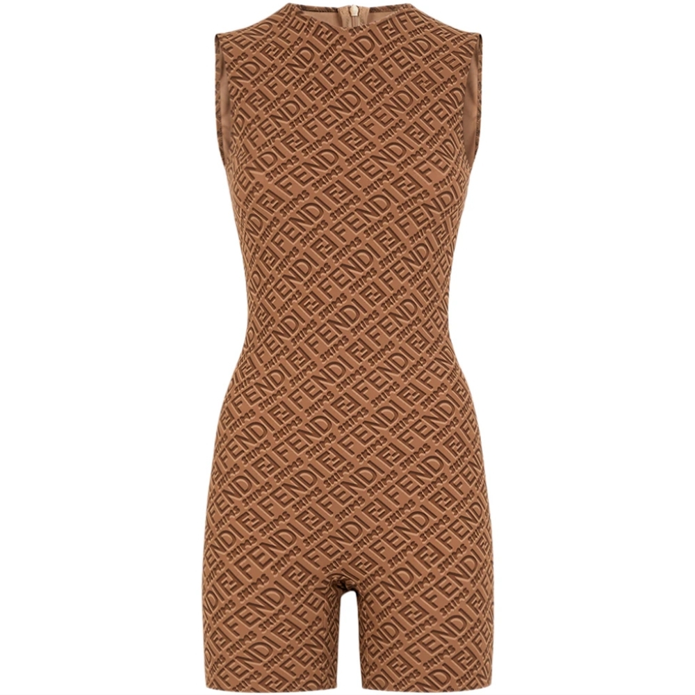Fendi x SKIMS Sleeveless Mid Thigh Bodysuit California, BROWN/NUDE L